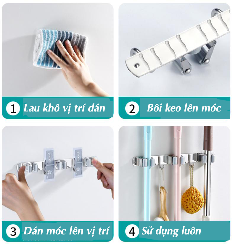 Móc treo chổi thông minh - Loại móc đôi tặng kèm keo dính 3M