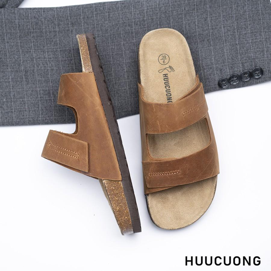 Dép nam Huucuong dập chỉ da bò nâu đế trấu handmade