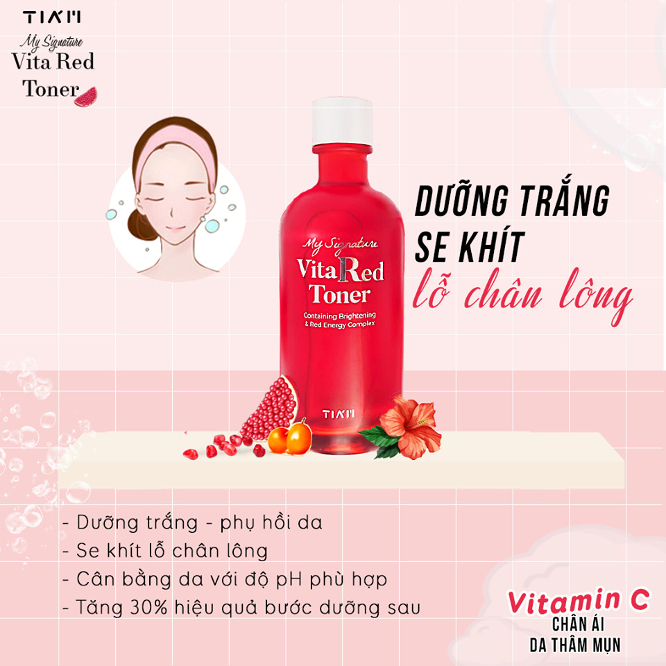 Nước Hoa Hồng Dưỡng Trắng, Se Khít Lỗ Chân Lông Tiam My Signature Vita Red Toner 130ml + Mặt nạ 3D Foodaholic