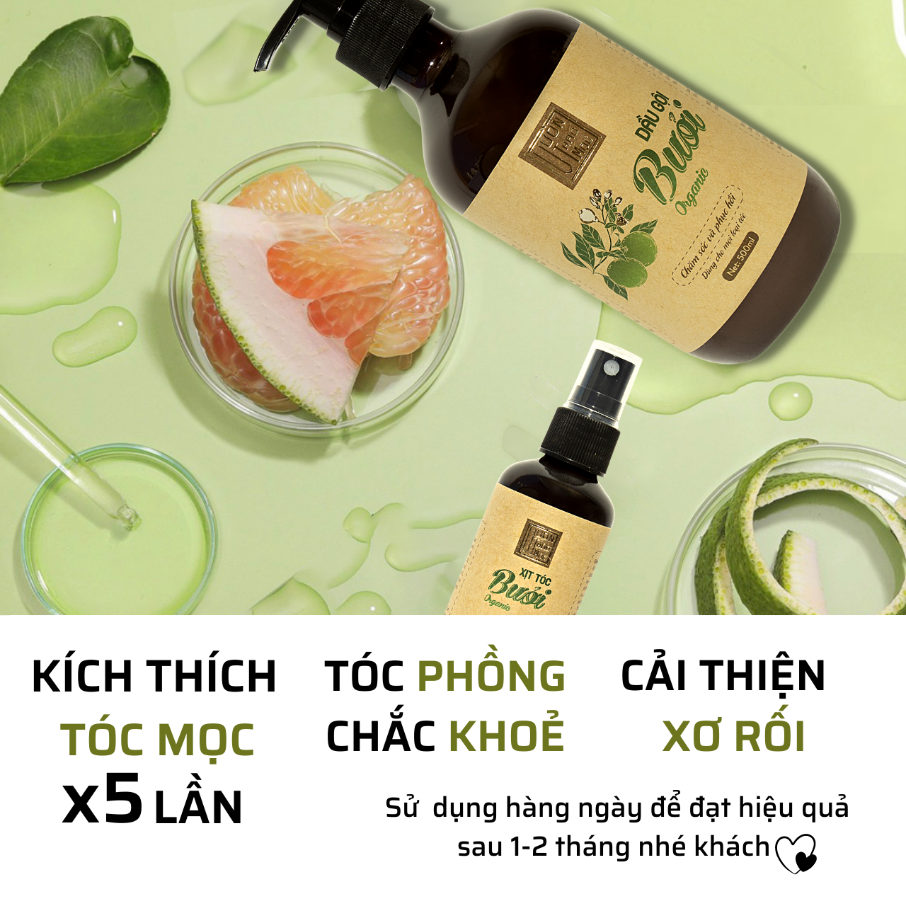 Combo Dầu Gội Bưởi 500ml Xịt Dưỡng Tóc Bưởi 100ml VƯỜN THẢO MỘC ORGANIC Chăm Sóc Tóc Dưỡng Tóc Mọc Dày