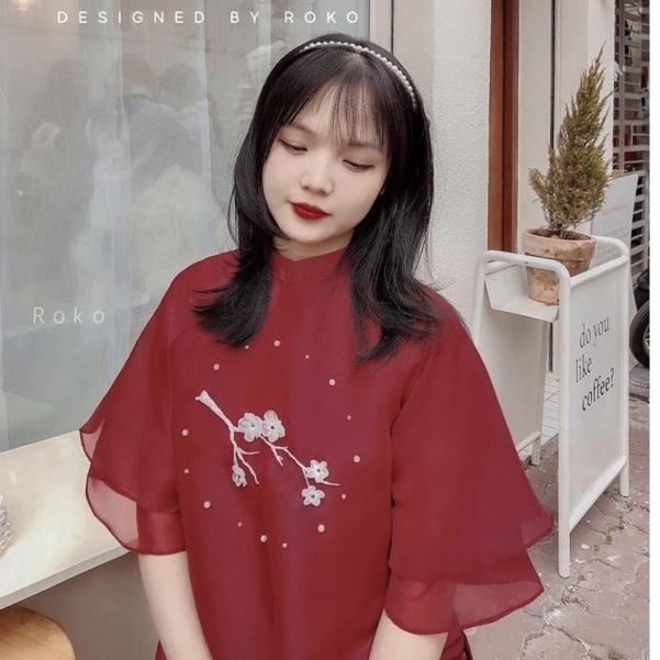 Áo Dài , Áo Cách Tân Thêu Cành Đào Tròn Cho Các Nàng Yêu Thích , Mã A25