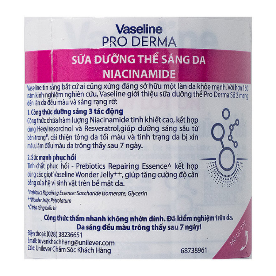 Sữa dưỡng thể 250ml Vaseline Pro Derma số 3 dưỡng sáng da với Niacinamide