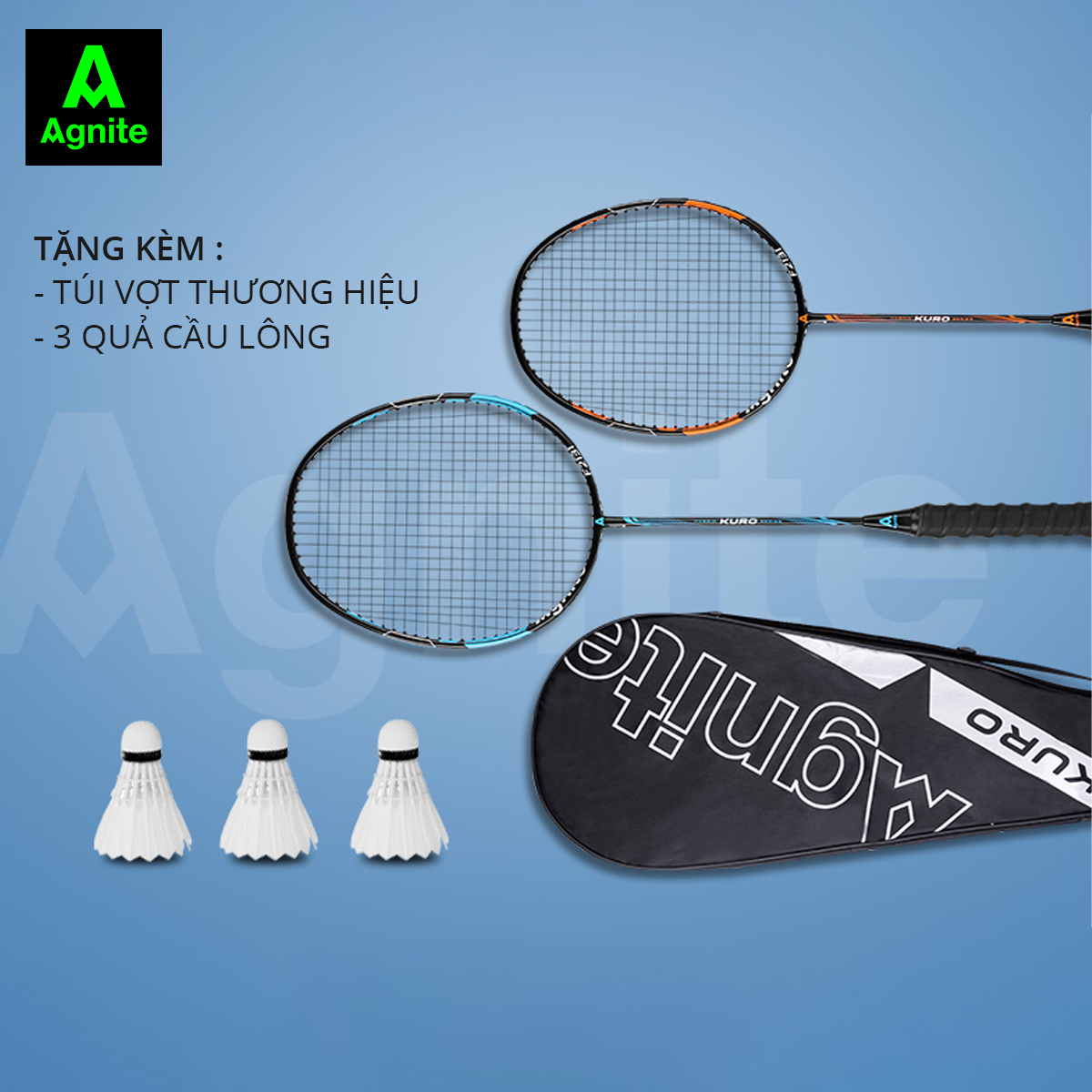 Vợt cầu lông cán liền cao cấp chính hãng Agnite - Tặng hộp cầu nhựa và bao đựng - 2 chiếc - F2131