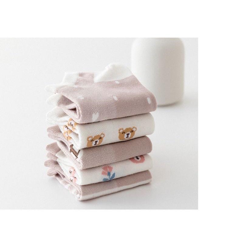 SET 10 ĐÔI TẤT VỚ CỔ THẤP NỮ COTTON HOẠ TIẾT CHÚ GẤU NÂU MÀU TÍM CUTE