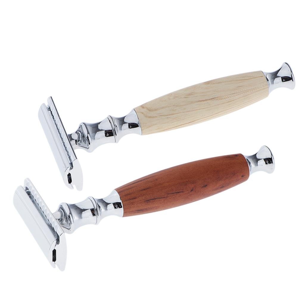 2 Pcs Wood Handle Double Edge Safety Shaving Moustache Grooming Tool