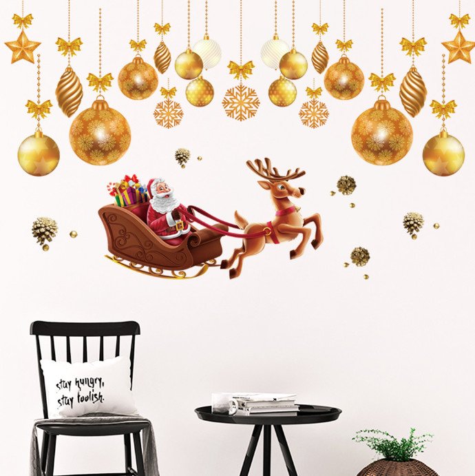 Decal trang trí Noel - Ông già Noel cưỡi tuần lộc và rèm châu vàng