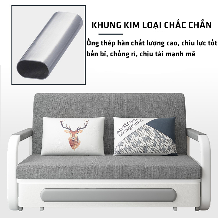 Giường Sofa, Ghế Gường Da Gấp Gọn Thông Minh Chuyển Đổi 2 trong 1 Khung Thép Sơn Tĩnh Điện Combo Đệm + Gối Bo Viền Da Cao Cấp