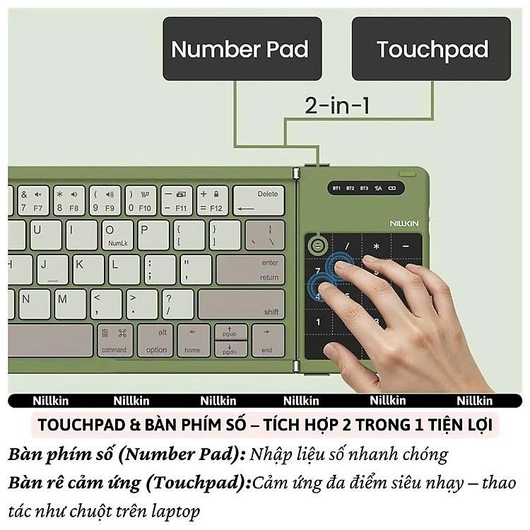 Bàn phím gấp gọn di động không dây bluetooth V5.2 tích hợp trackpad &amp; phím số hiệu Nillkin Cube Pocket - Nhỏ gọn, mỏng nhẹ, phím tắt thông minh, hỗ trợ Androids &amp; iOS, gõ thoải mái cho iPad cho iPhone, máy tính bảng, cho macbook, laptop - hàng nhập khẩu