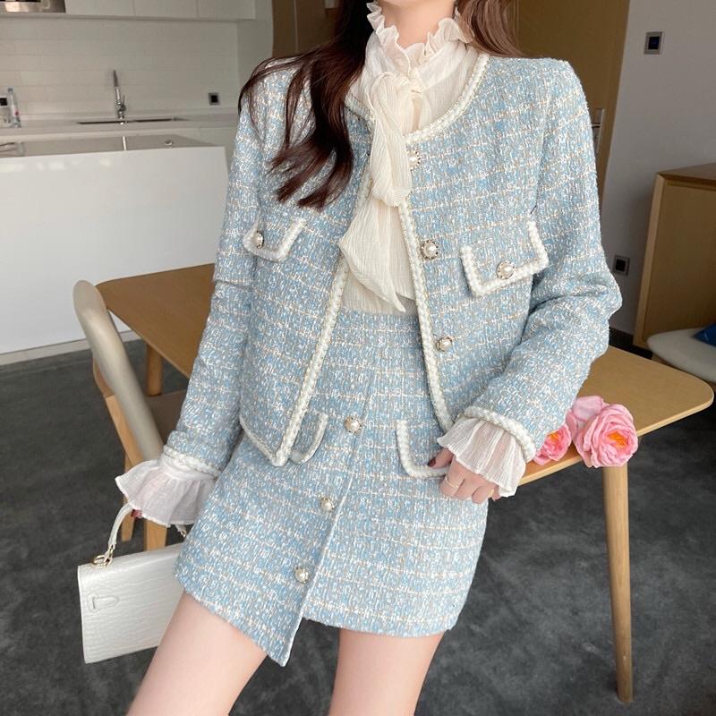 Sét Dạ Tweed Xinh, Áo Khoác Dạ Kèm Chân Váy