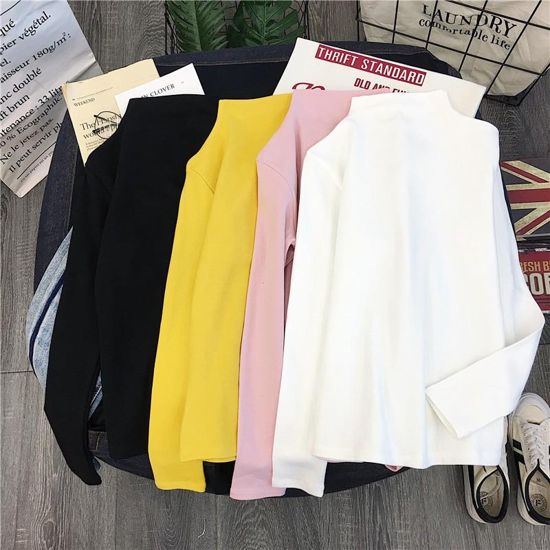 Áo thun tay dài cổ lọ màu trơn đơn giản cho nữ