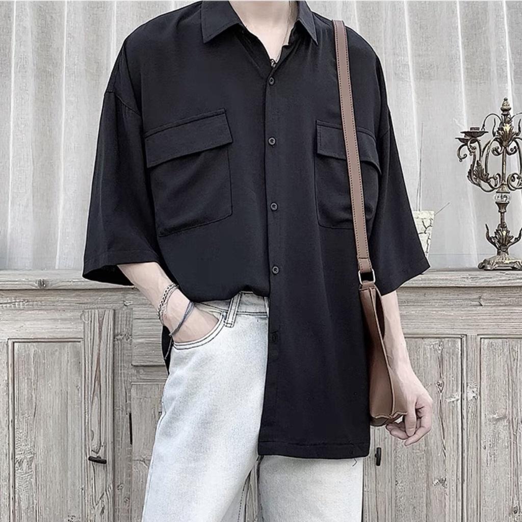 Áo sơ mi tay ngắn nam nữ unisex form rộng tay lỡ basic, chất vải đũi trơn Hàn cao cấp mịn, đi học đi chơi đi làm
