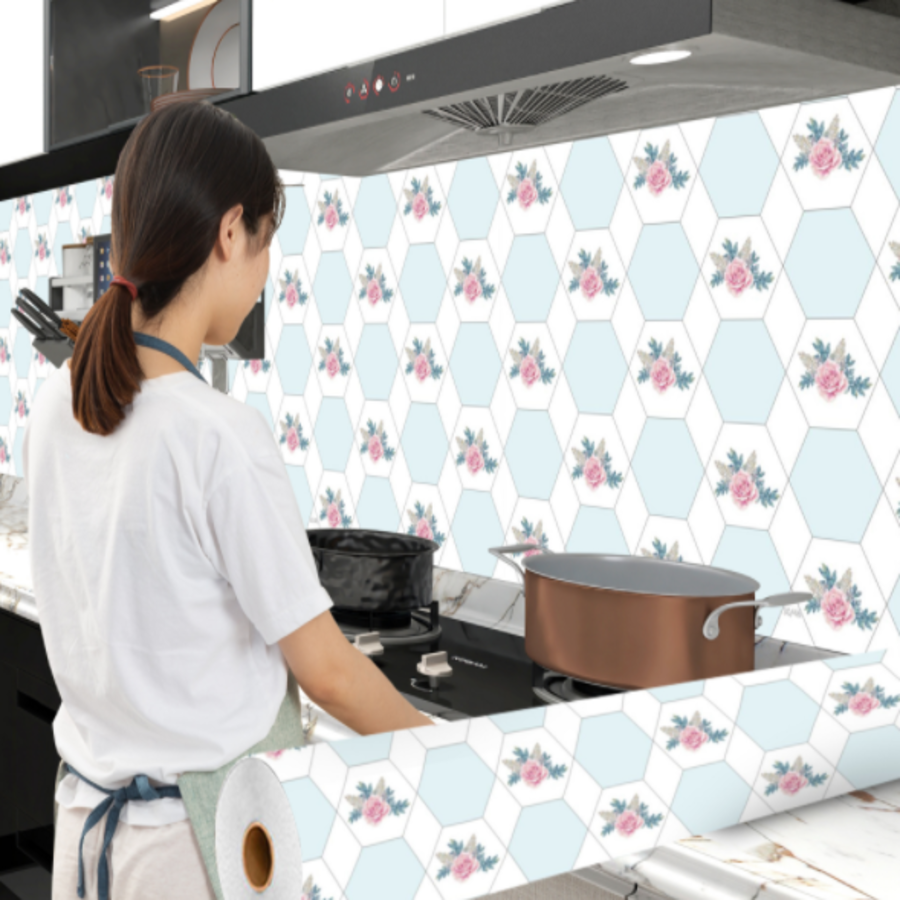 Combo 3 mét giấy dán bếp, decal dán bếp tráng nhôm HOA XANH khổ 60cm có keo sẵn