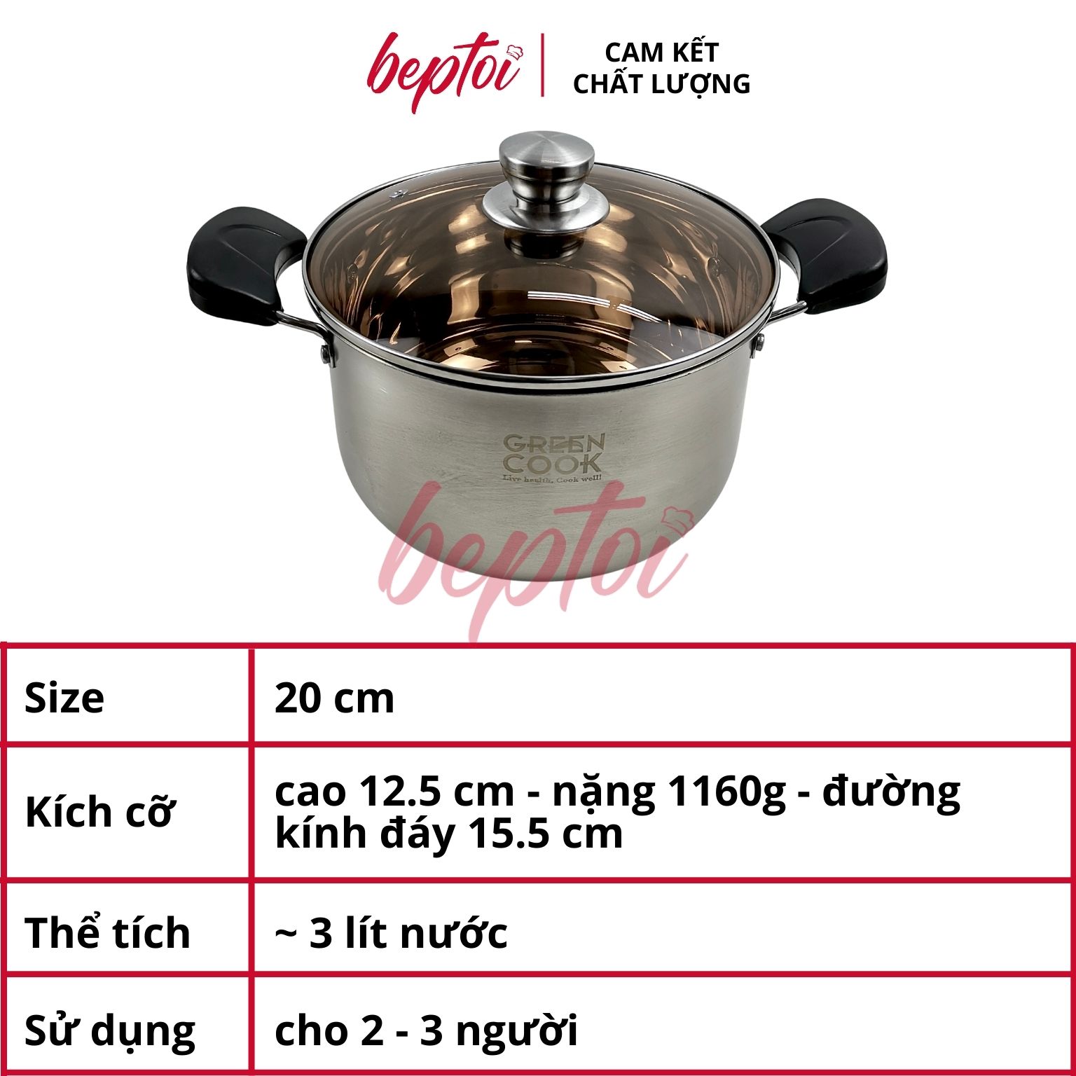 Bộ nồi inox cao cấp 3 đáy, nồi chống dính bếp từ Green Cook GCS08-T1 Hàng chính hãng