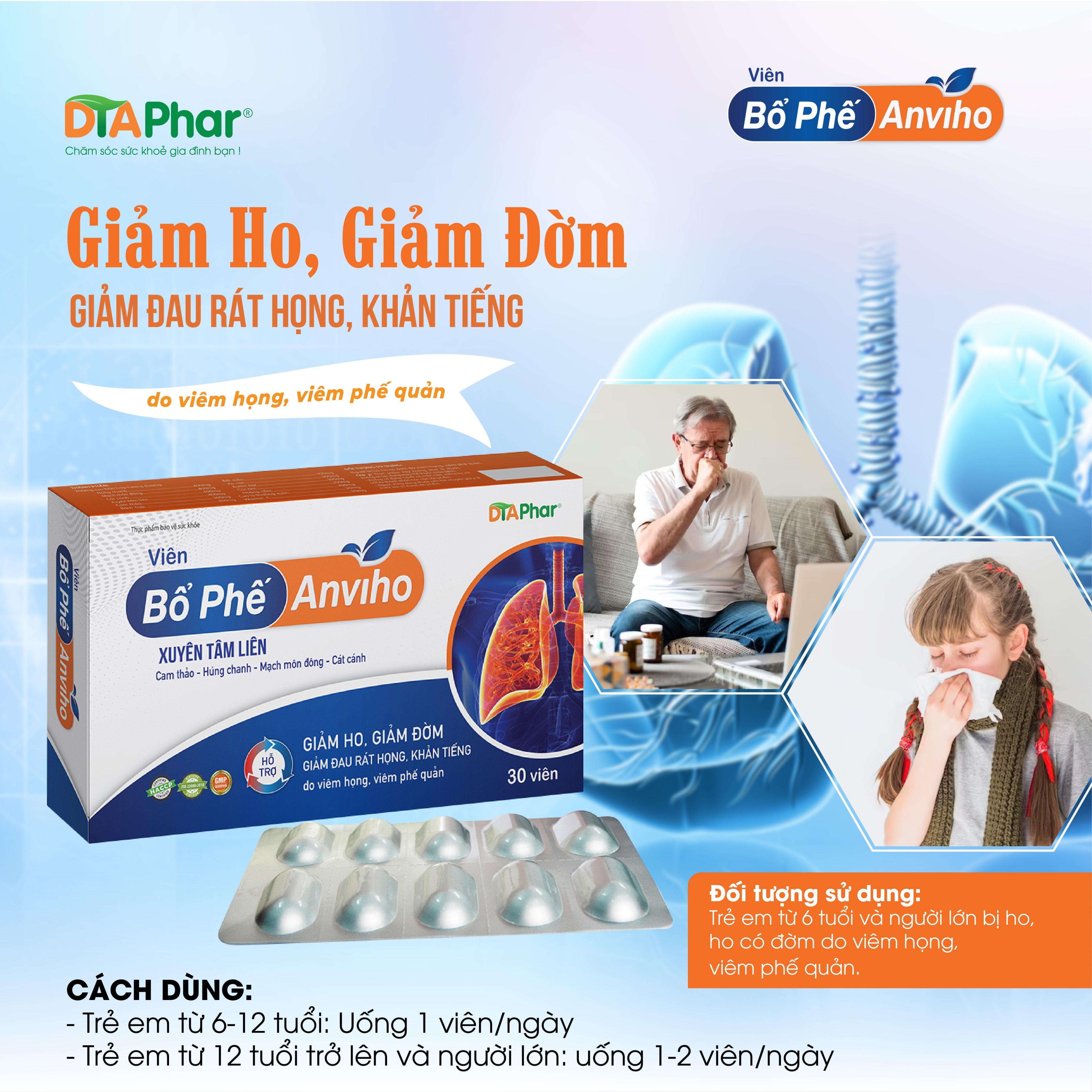 Viên bổ phế Anviho Hỗ trợ giảm ho đau rát họng Hộp 30v Tâm An Pharma