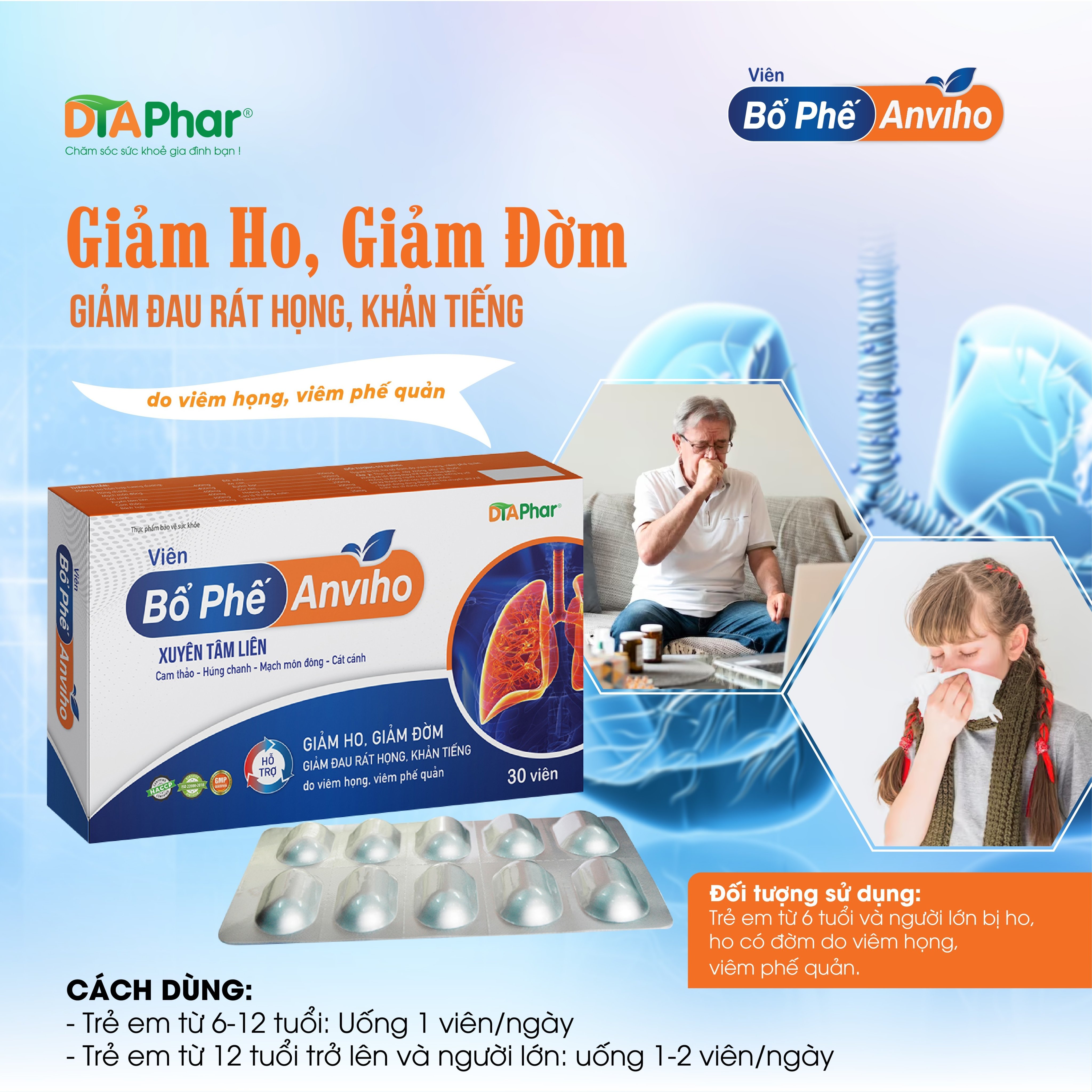 Viên bổ phế Anviho Hỗ trợ giảm ho đau rát họng Hộp 30v Tâm An Pharma