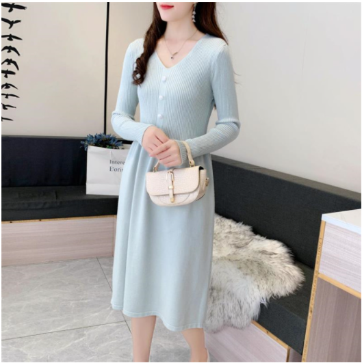 Đầm nữ, đầm len nữ dài tay phối cúc xinh xắn Al77