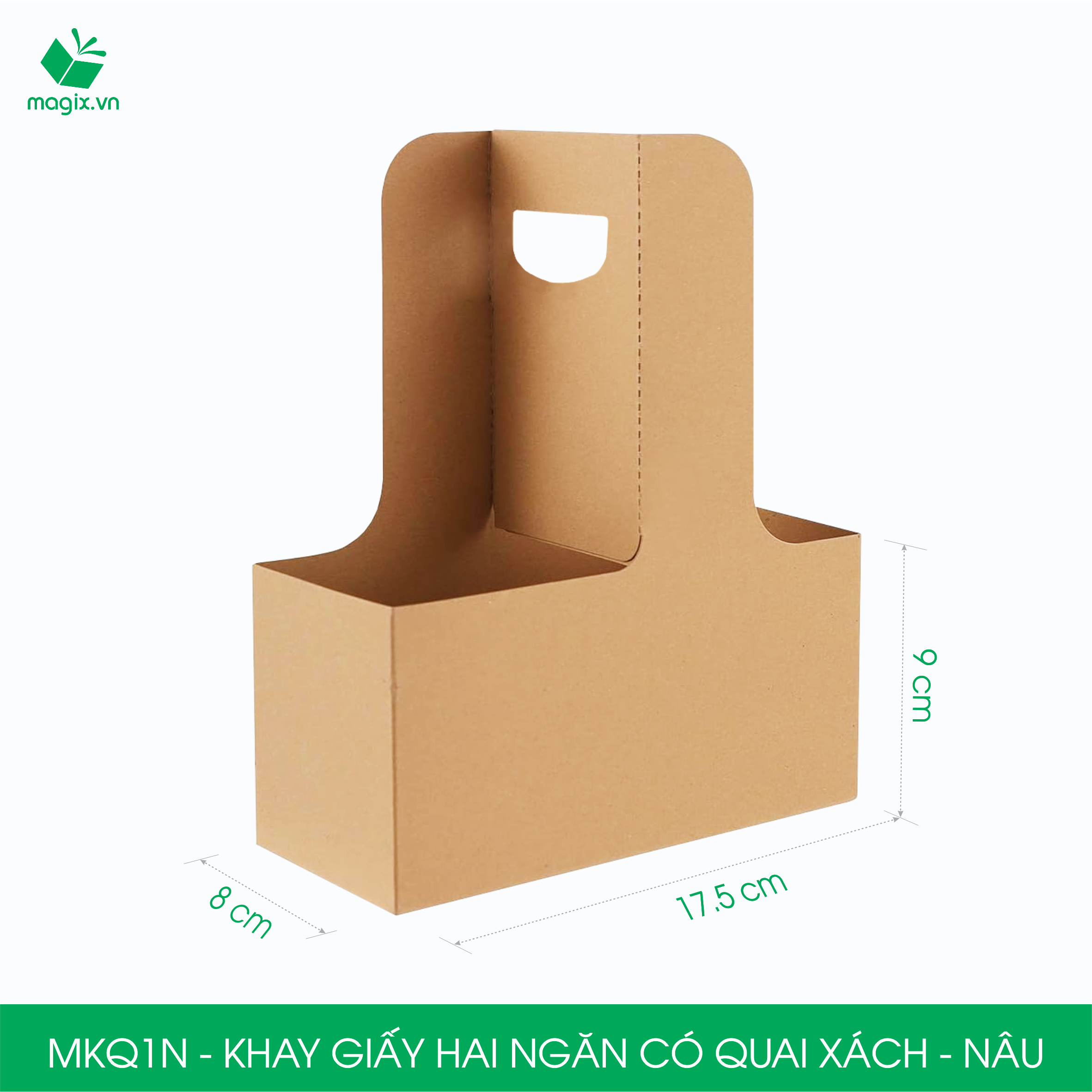 MKQ1N - 17.5x8x9 cm - Combo 20 Khay giấy 2 ngăn quai xách màu nâu siêu chắc, hộp giấy 2 ngăn chống thấm đựng ly nước, hoa và quà tặng