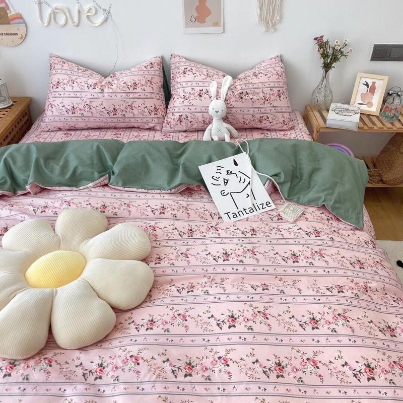 Bộ Chăn Ga Gối Cotton Living 100%cotton Hàng Nhập khẩu Cao Cấp 4 Món Hoa Hồng Vintage