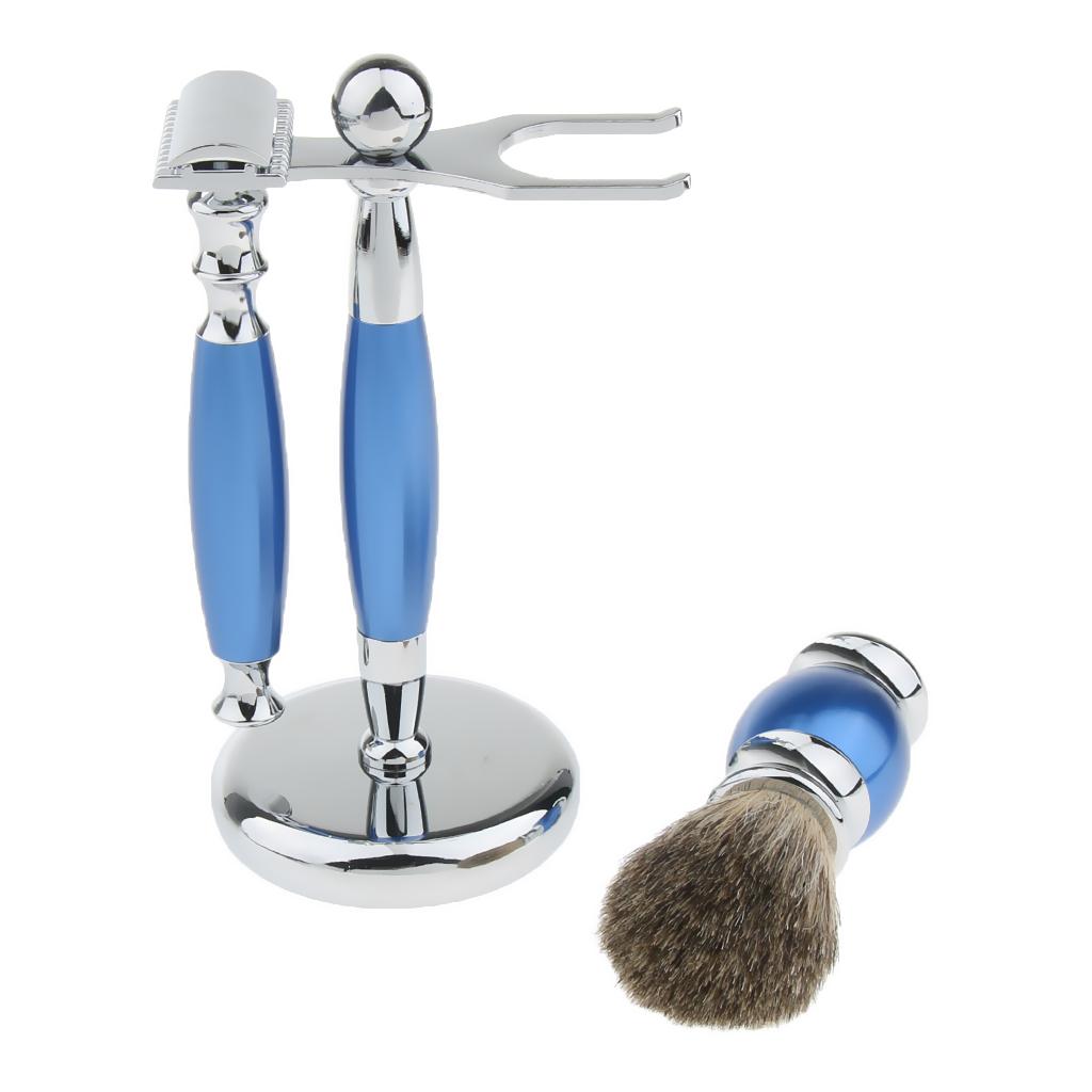 Traditional Luxury Grooming Shaving Set For Men - Including Double-sided Razors, Shave Brush, Alloy Stand Holder - Blue