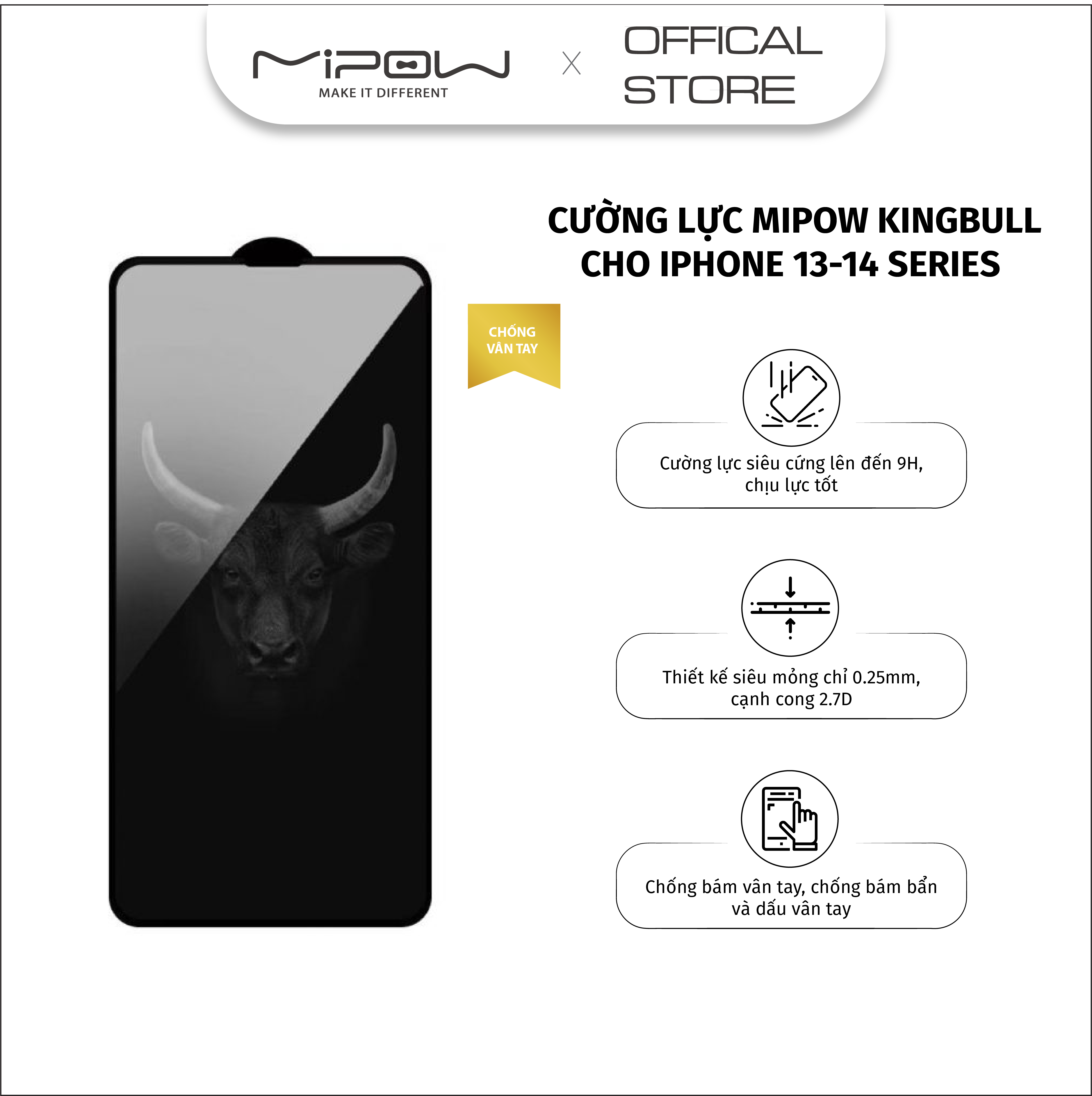 Miếng dán cường lực mờ, chống vân tay Mipow Kingbull HD dành cho iPhone 14/14+/14 Pro/ 14 Promax - Hàng chính hãng