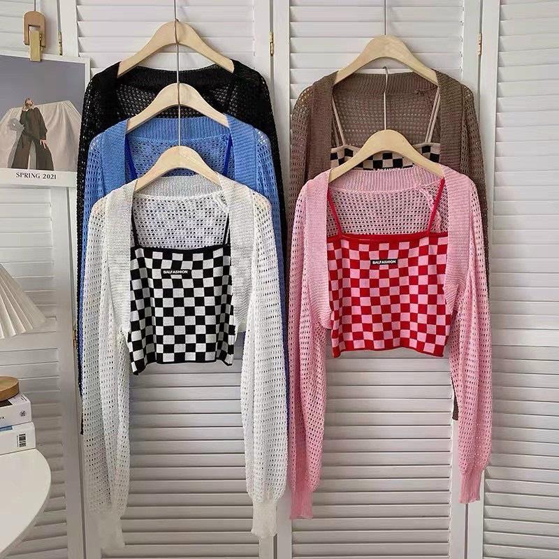 Set cardigan lưới áo 2 dây caro nhiều màu năng động