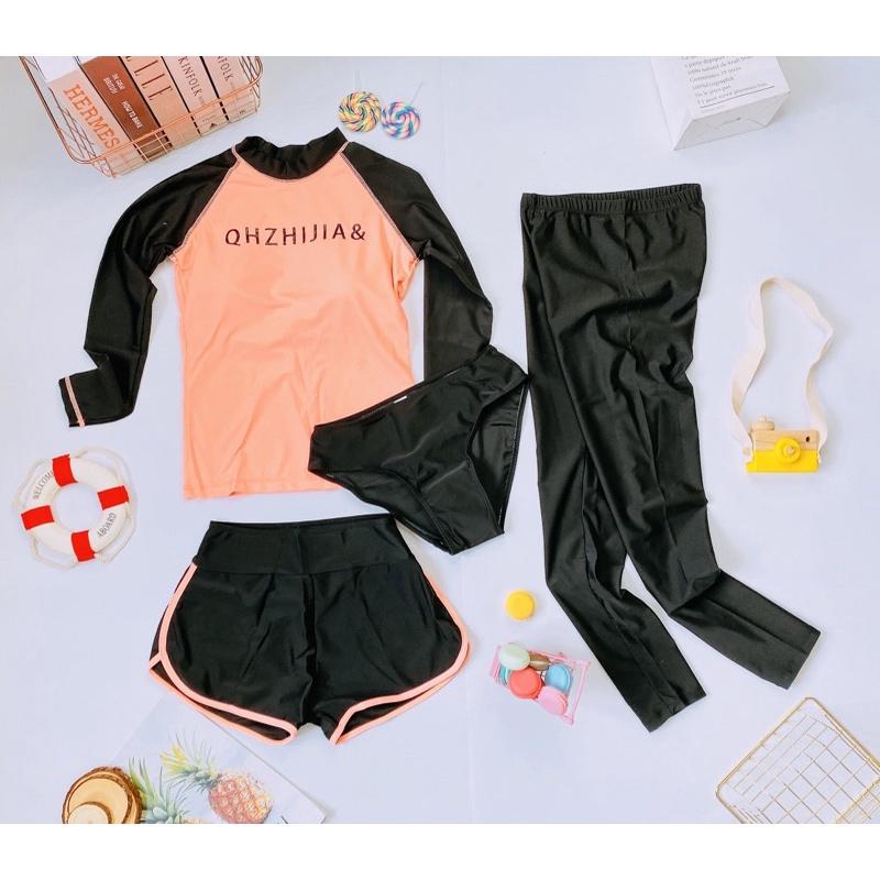 Set bikini đồ bơi nữ dài tay 4 mảnh áo cam quần đen