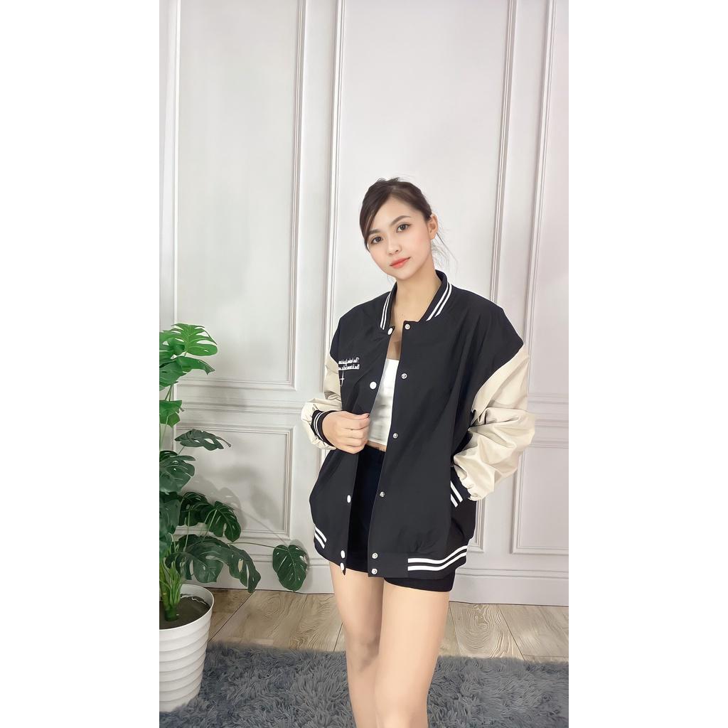 Áo Khoác Bomber Gió Nữ Phối Sọc Tay Bo Dáng Lỡ