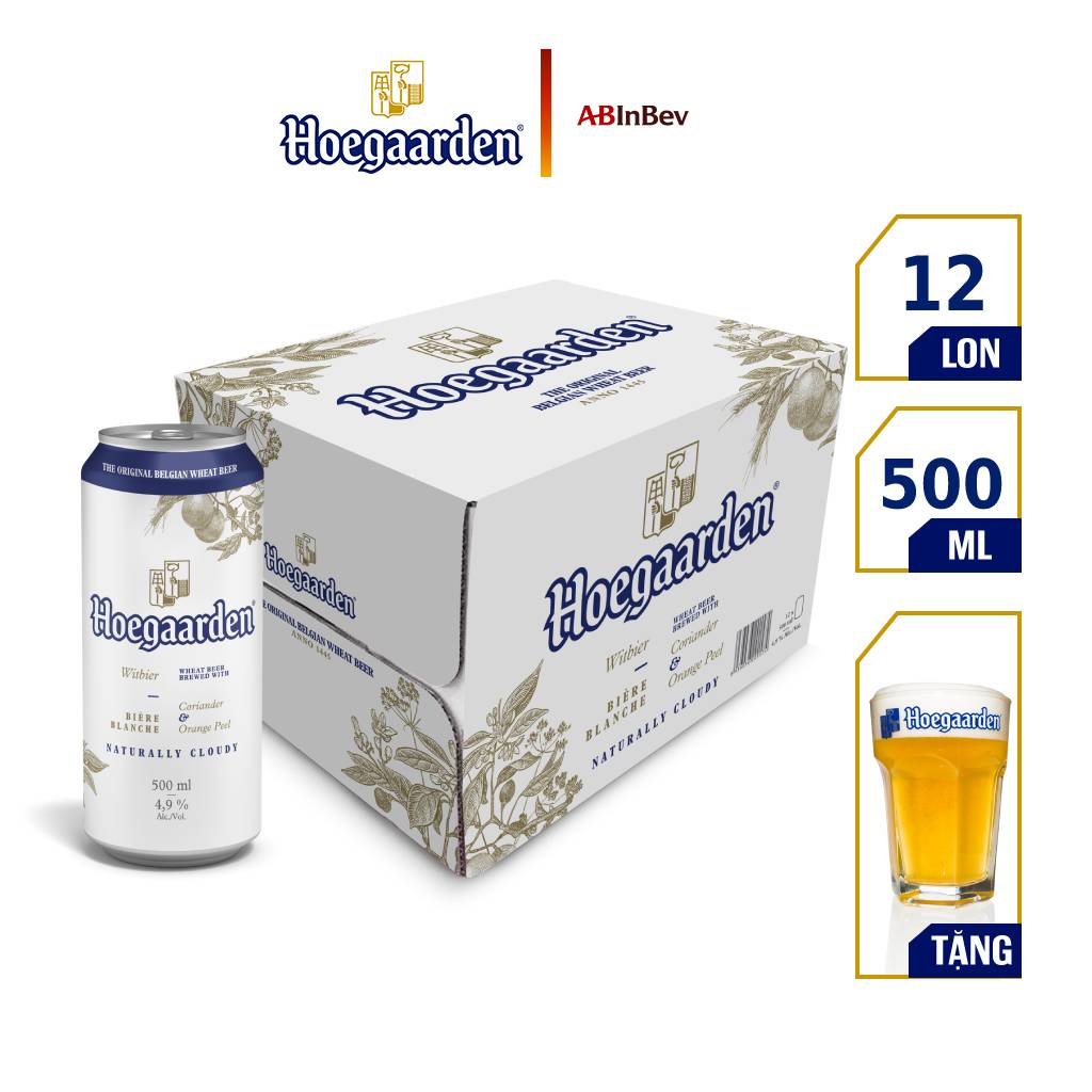 Thùng 12 Lon Bia Hoegaarden White Bỉ - Bia Lúa Mỳ Chính Hiệu (500ml/ lon)