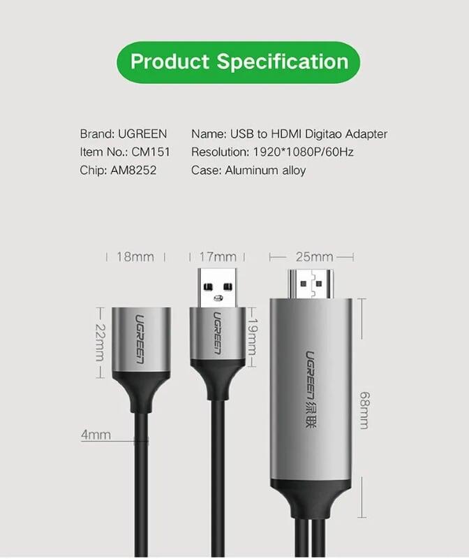 Ugreen UG50291CM151TK 1.5M màu Xám Cáp chuyển đổi USB 2.0 sang HDMI hỗ trợ phân giải FULL HD cao cấp - HÀNG CHÍNH HÃNG