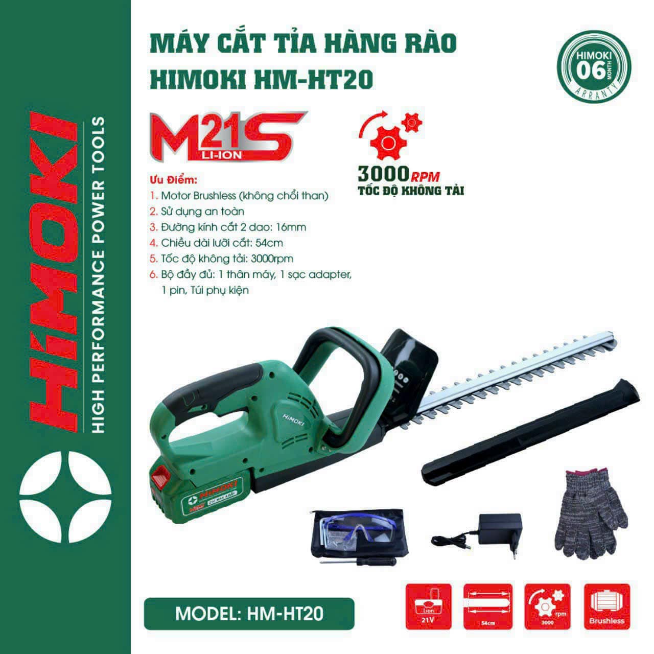 Máy Cắt Tỉa Hàng Rào Cắt Cây Cảnh HIMOKI Chính Hãng - Động Cơ Lõi Đồng 100% - Chân Pin Phổ Thông 4cm 