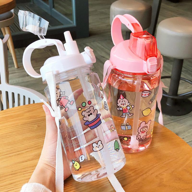 Sức Chứa Lớn 2000ML Nước Hoạt Hình Di Động Thể Thao Chai Có Ống Hút Cắm Trại Đi Xe Đạp Nhựa Dẻo Du Lịch Nước Drinkware
