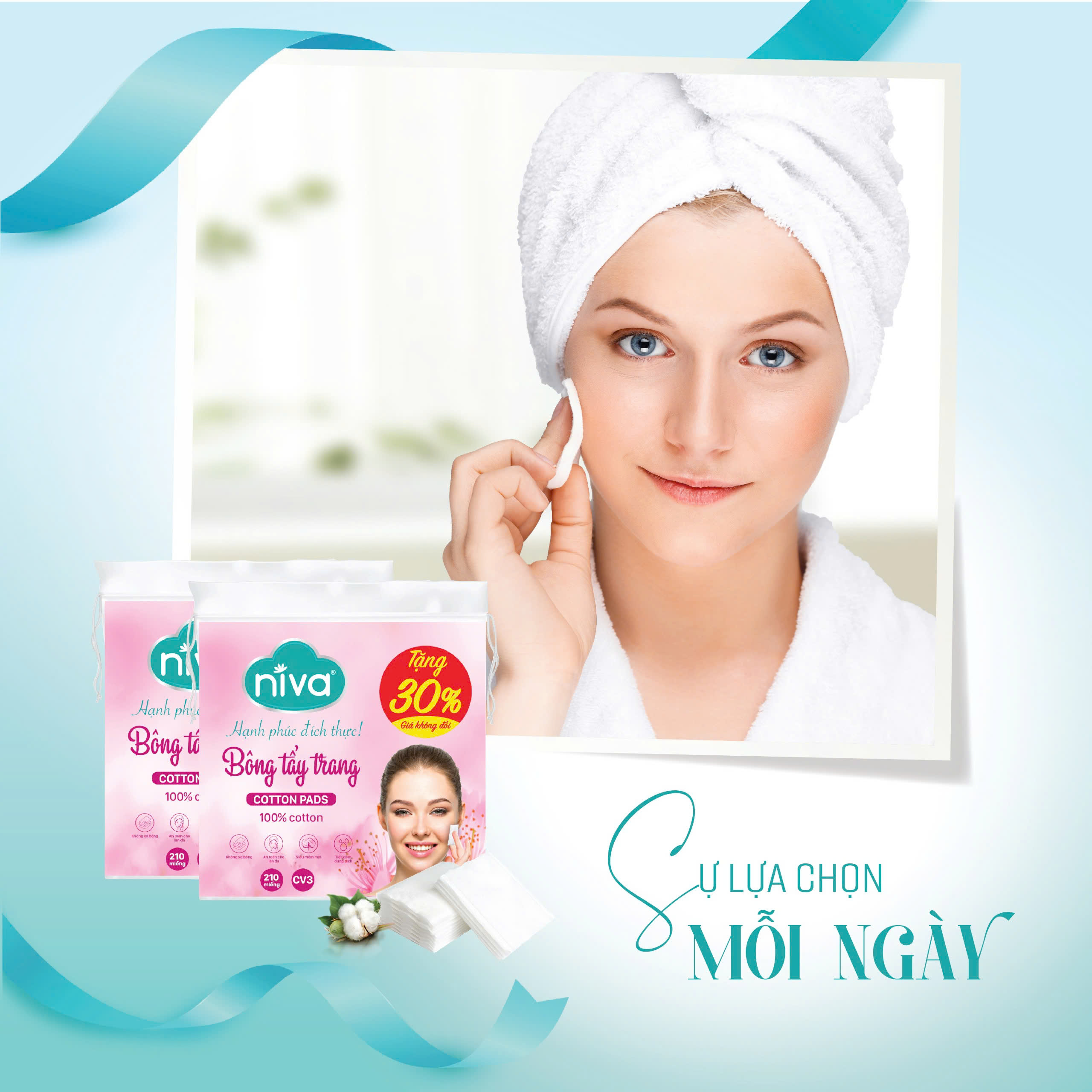 Bông Tẩy Trang Vuông NIVA  Túi 210 Miếng Cotton Pads Cao Cấp CV3 Bản Cải Tiến Bông Thiên Nhiên Thuần Khiết