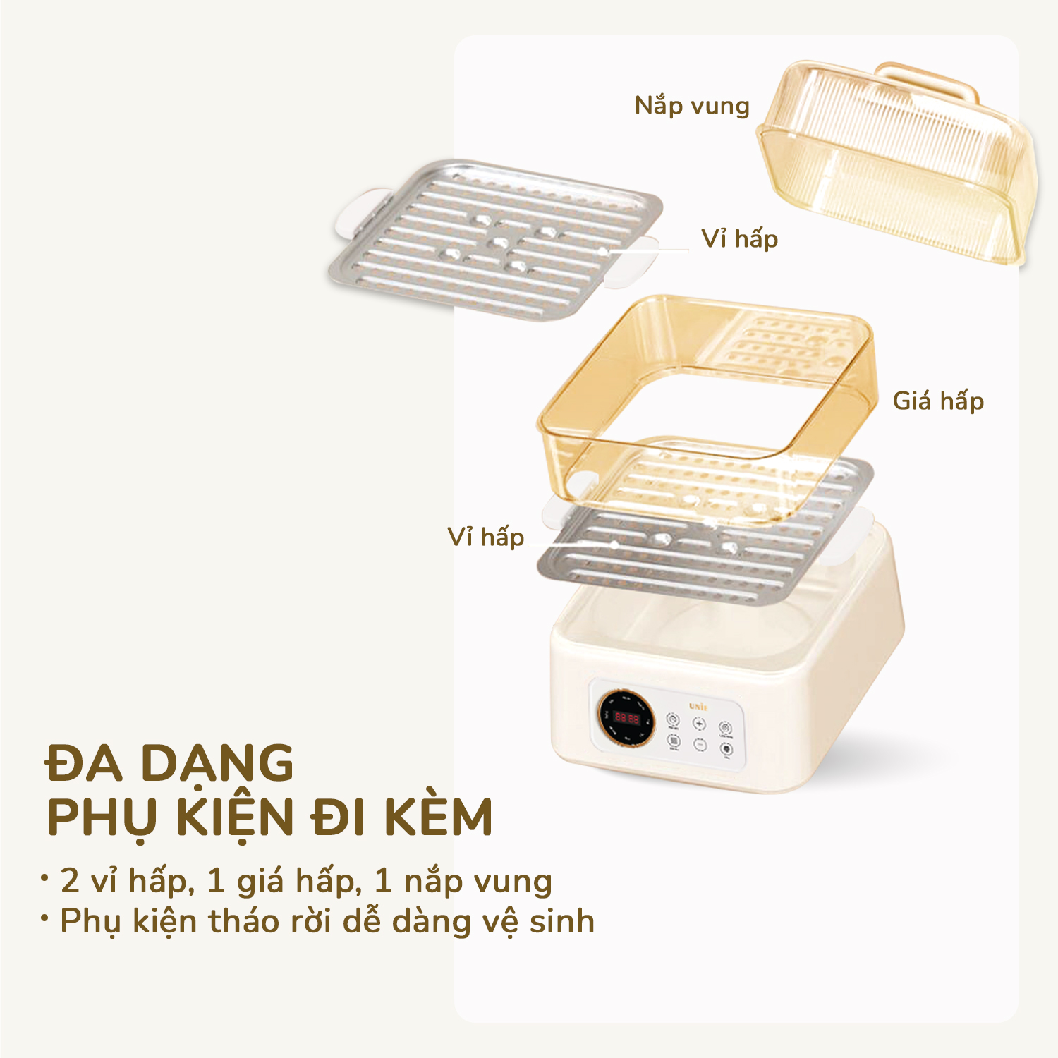 Nồi lẩu, hấp đa năng UNIE UE668, 8 chức năng, dung tích 10L, 2 tầng hấp, hấp gà nguyên con, hấp bên trên nấu bên dưới, Hàng chính hãng bảo hành 12 tháng