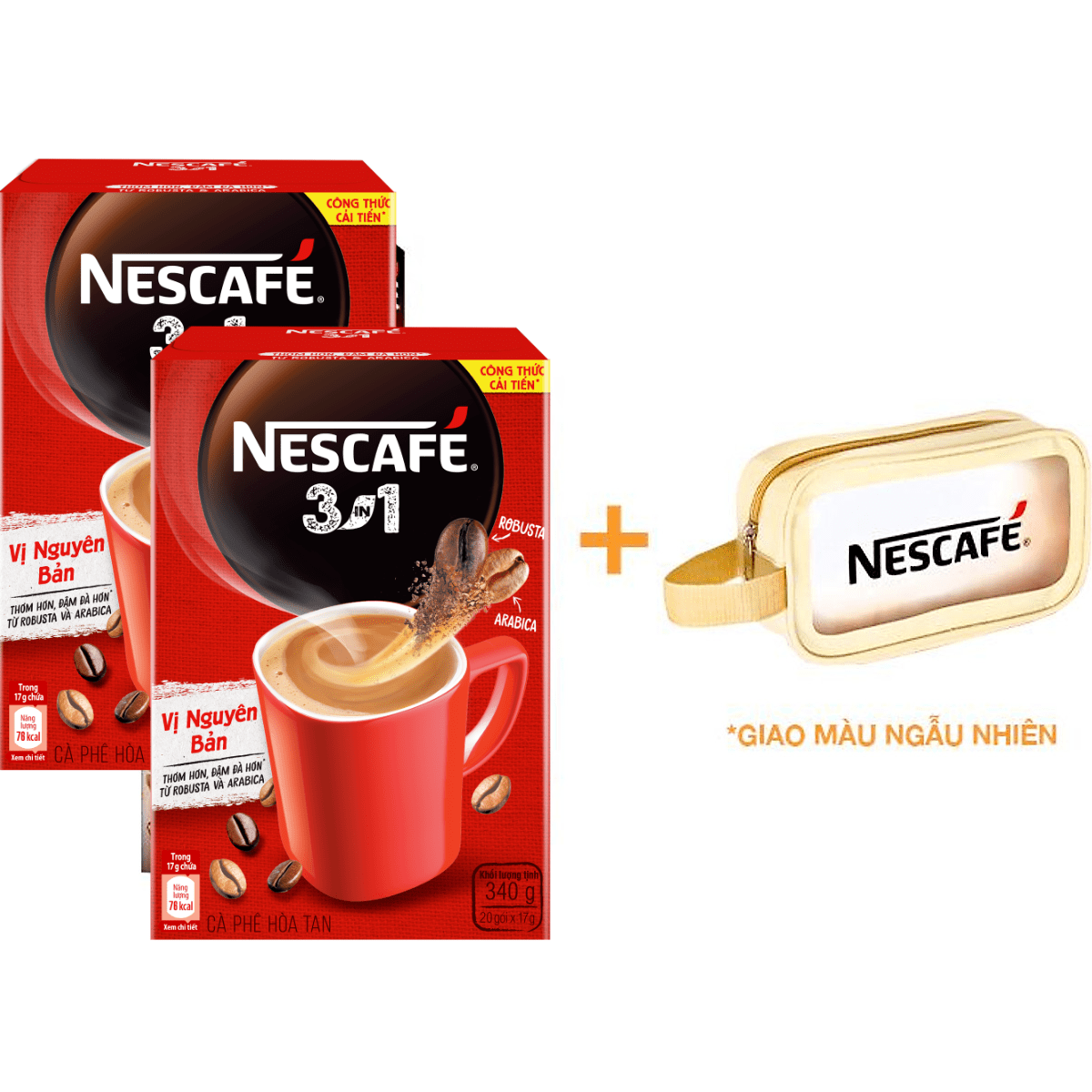 [Tặng 1 túi thời trang đa năng] Combo 2 hộp Nescafé 3in1 cà phê rang xay hòa tan Vị Nguyên Bản (Hộp 20 gói x 17g)