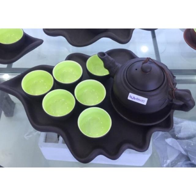 Bộ ấm chén đắp trúc khay lá