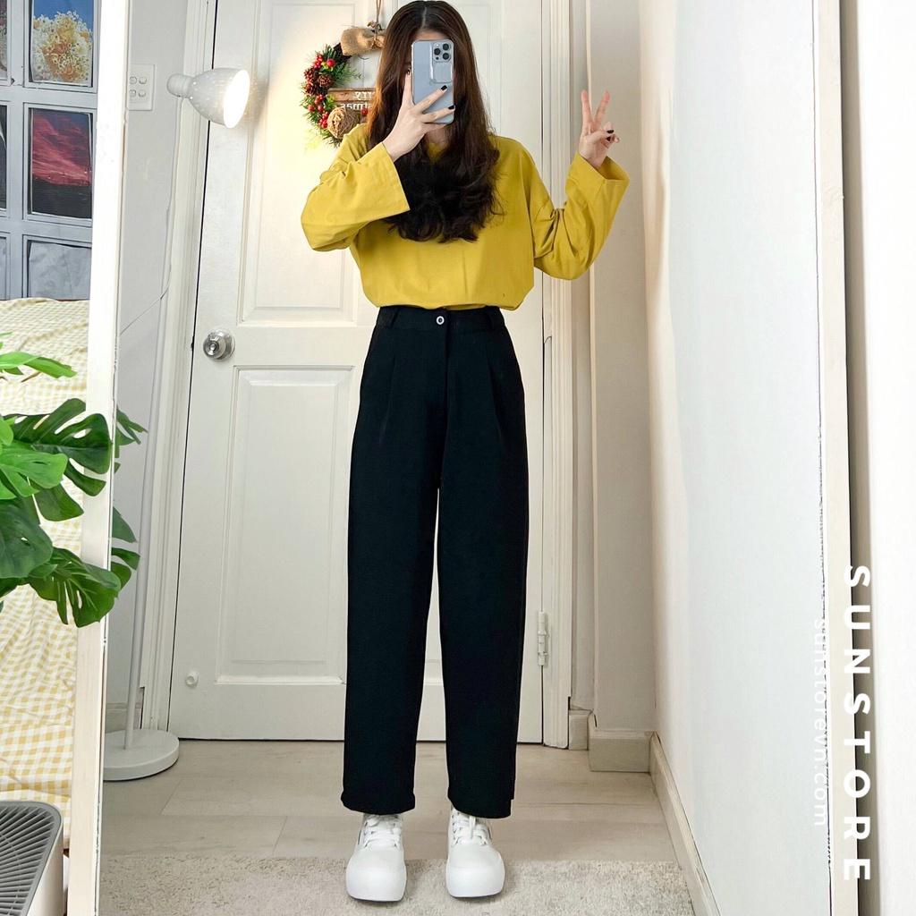 Quần culottes nữ dáng lửng ống baggy cạp cao lưng cao màu đen - Đen, Đen