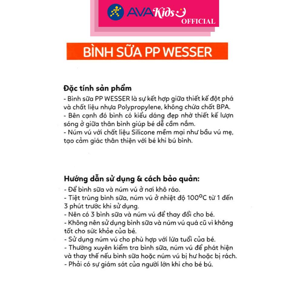 Bình sữa nhựa PP Wesser TBSPPW250 cổ hẹp 250 ml (4 - 6 tháng) - Hàng Chính Hãng