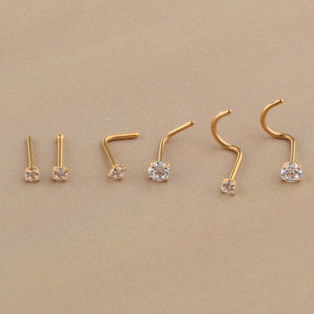 2x6 Pieces Stainless Steel Zircon Crystal Screw Curved Nose Piercing Gold