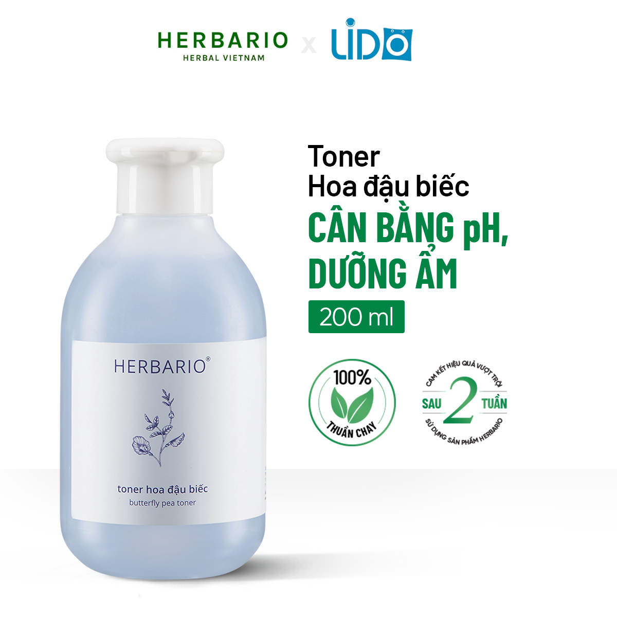 Toner nước cân bằng da Hoa Đậu Biếc herbario 200ml chống lão hóa da, cấp ẩm, thuần chay