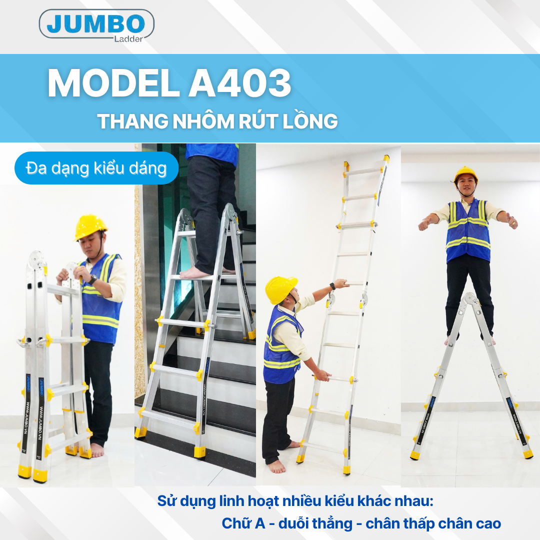 Thang nhôm trượt đa năng JUMBO A403 - Chữ A cao nhất 1.4m, chữ I cao nhất 3.0m, tải trọng 300kg