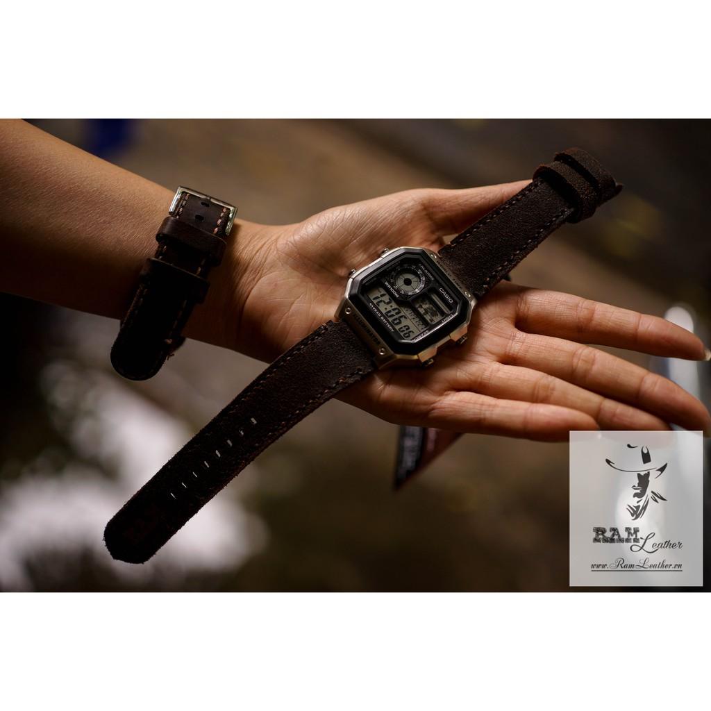 DÂY ĐỒNG HỒ CASIO AE1200/SEIKO5 DA BÒ RAM MÀI NHÁM CAO CẤP DA BÒ THẬT