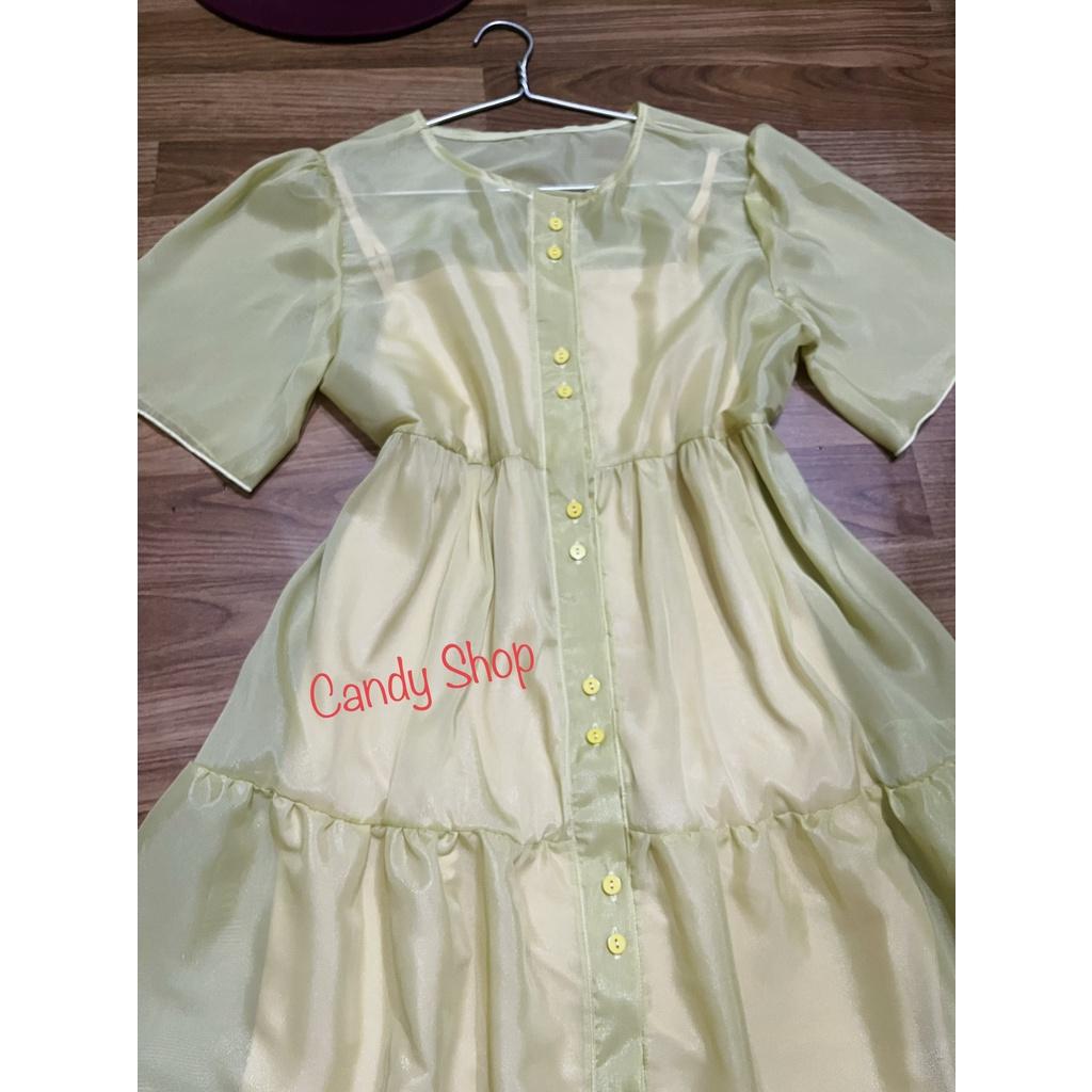 Đầm babydoll tiểu thư cổ tròn cài nút nhún tầng xinh xắn