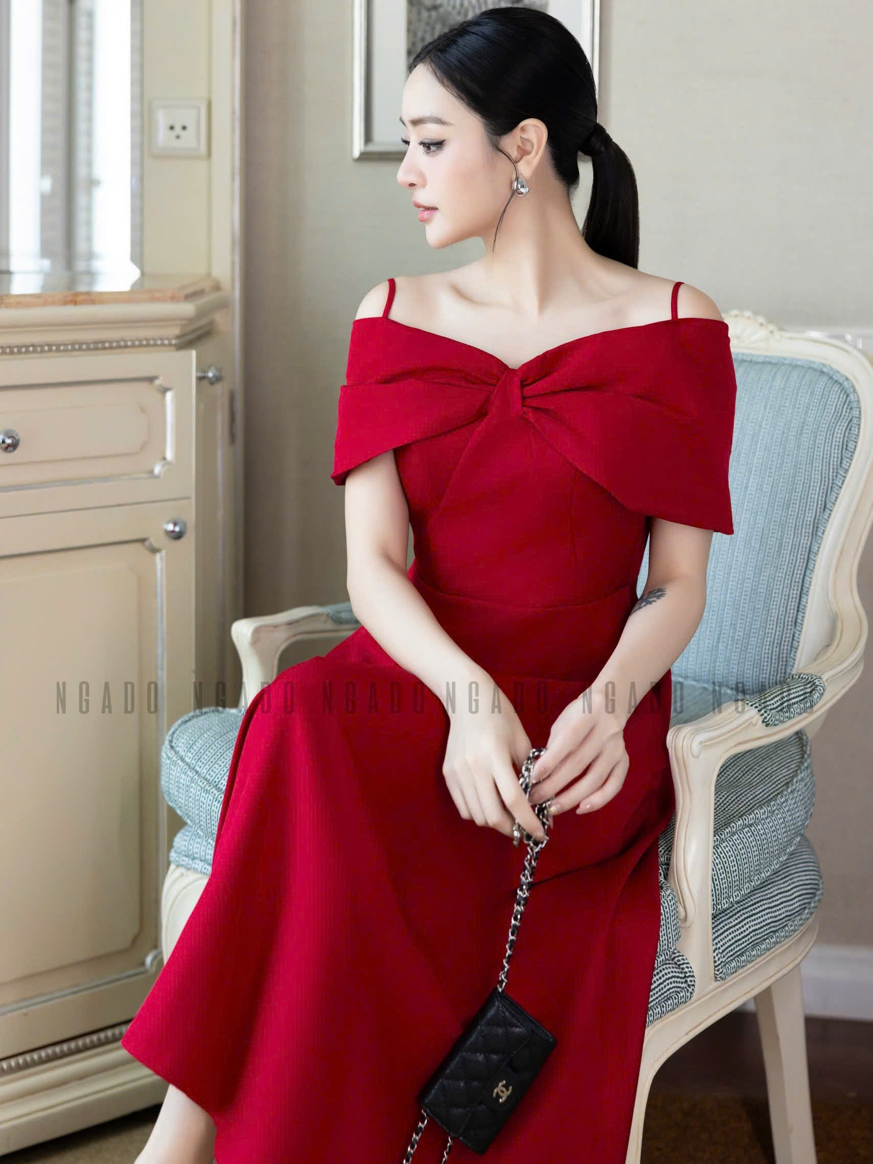Đầm đỏ bẹt vai NGADO , đầm xòe dáng dài , đầm dự tiệc