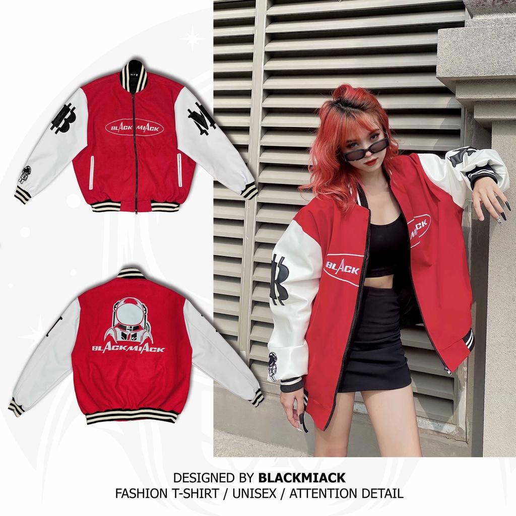 Áo Khoác Bomber Varsity Nỉ Dạ, tay Da, Full Thêu BLACKMIACK Varsity Jacket BM1