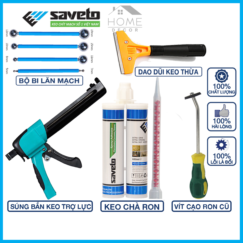 Bộ keo chà ron Saveto 2 thành phần súng trợ lực cao cấp - dùng để thi công keo ron gạch Saveto sàn nhà, nhà tắm, gạch đá ốp lát.