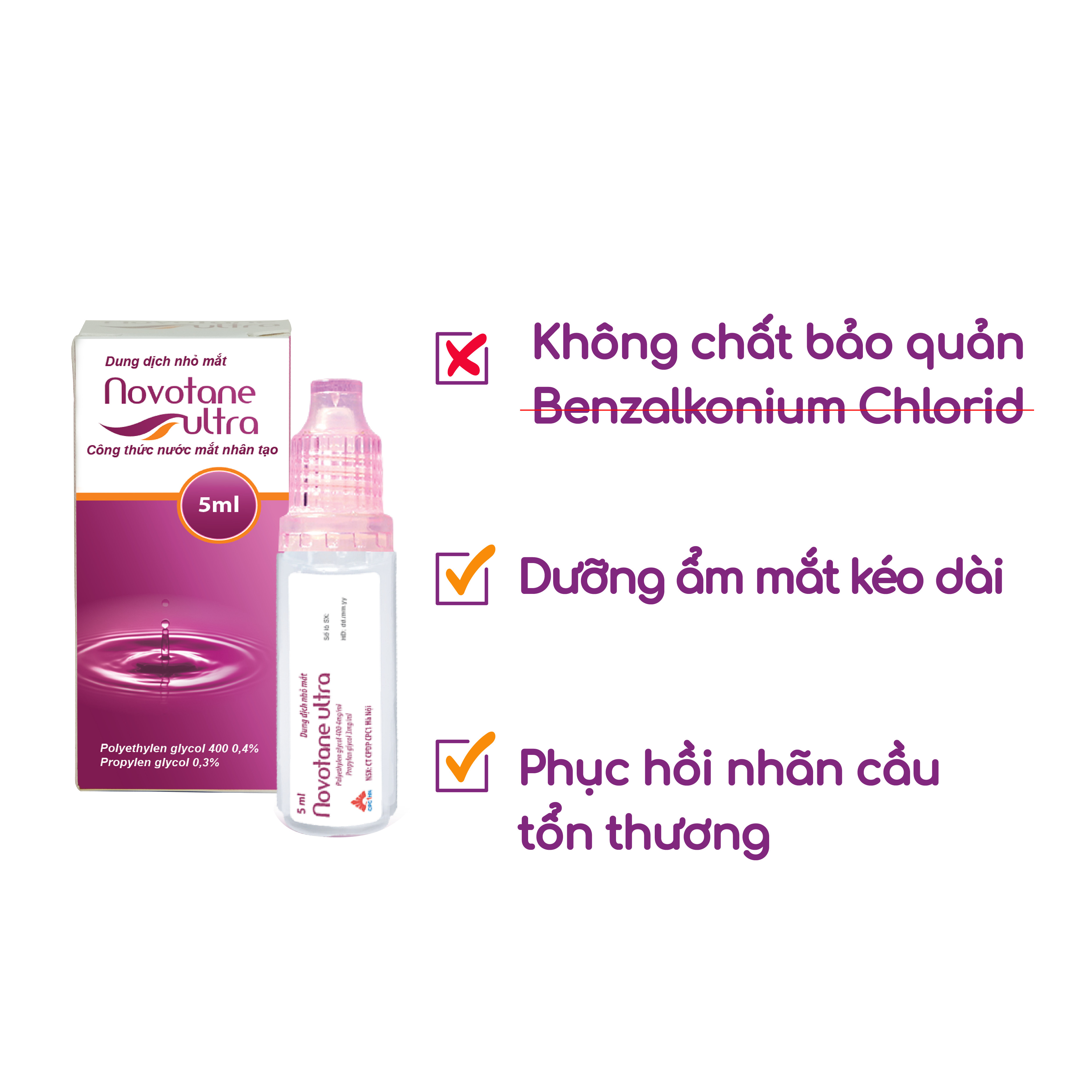 Combo 4 lọ Nước mắt nhân tạo Novotane Ultra 5ml giúp bảo vệ mắt, dưỡng ẩm, giảm khô, giảm mỏi mắt