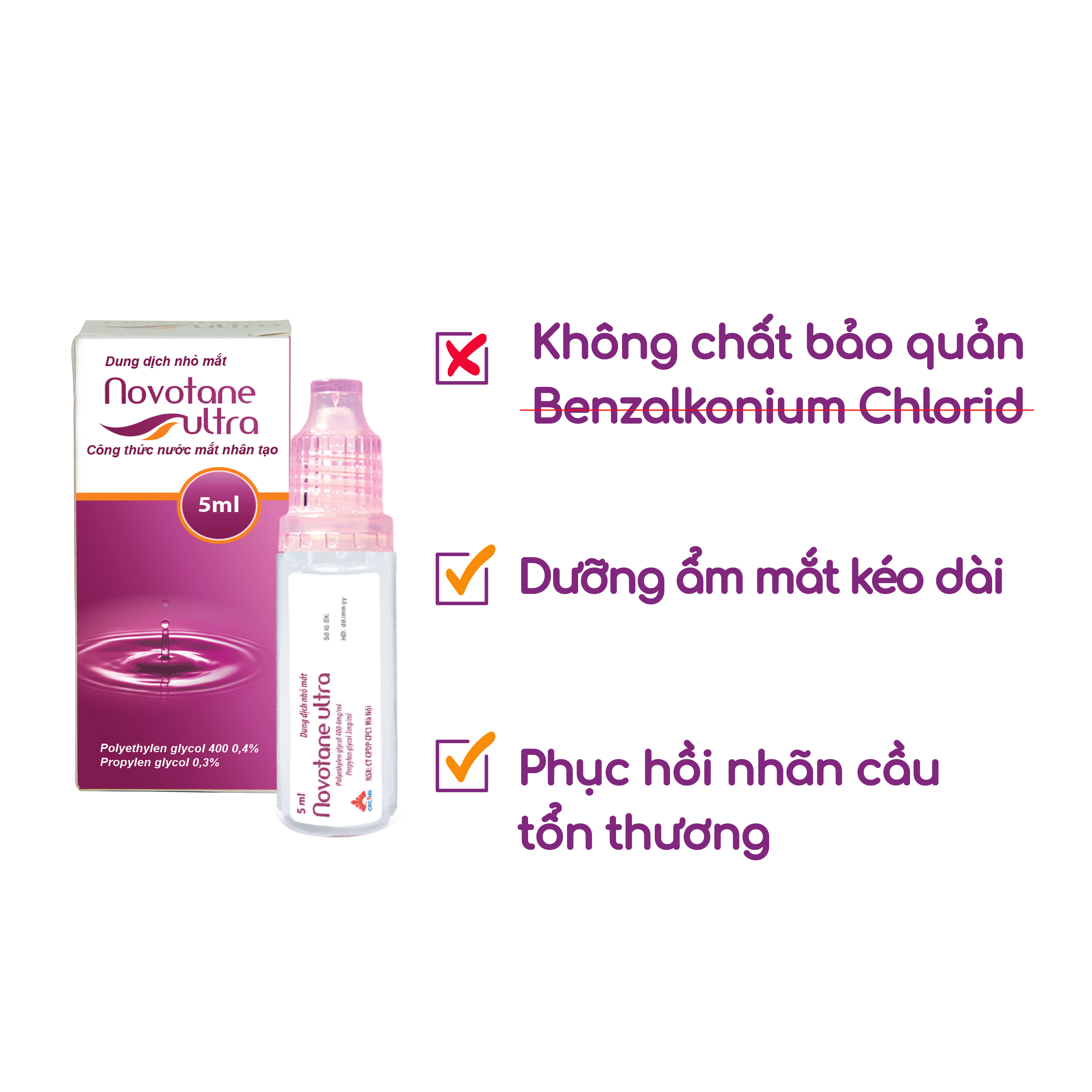 Nước mắt nhân tạo Novotane Ultra 5ml giúp bảo vệ mắt, dưỡng ẩm, giảm khô, giảm mỏi mắt