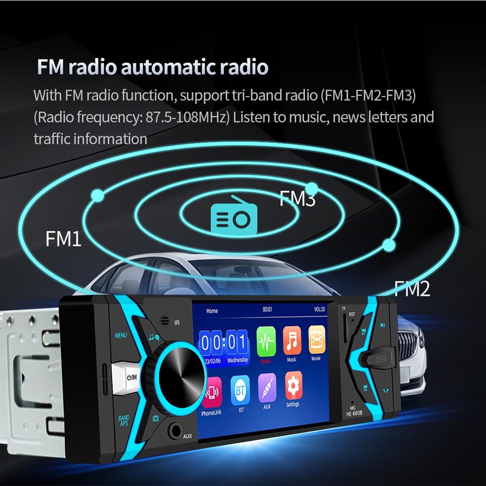 4.1 Inch Single Din Car Stereo BT MP5 Player FM Radio Receiver Support AUX/USB/TF Card Playback Hands-Free Calling Reverse Picture Phone Link Video Output with Multi-language & Colorful Button Light
