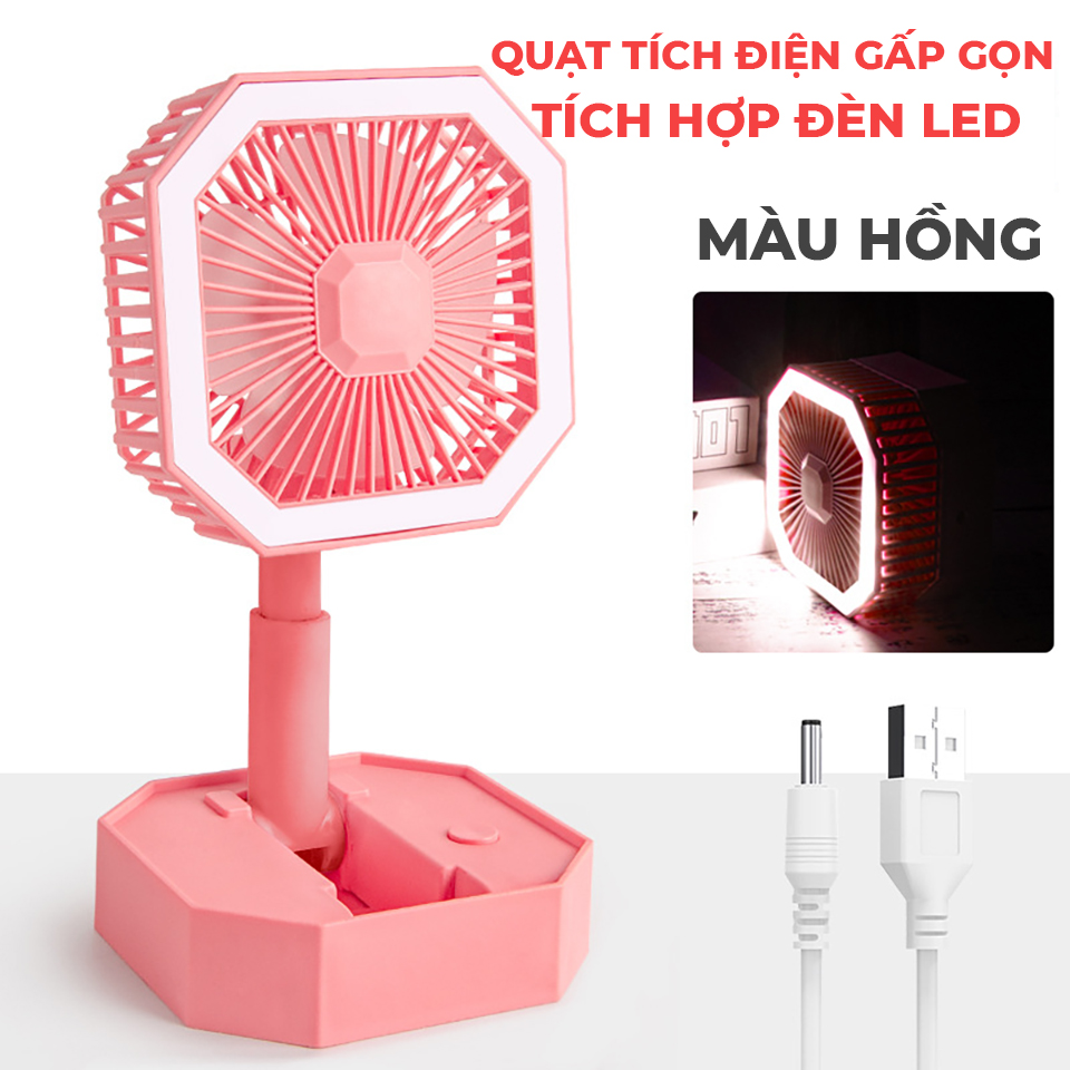 Quạt Mini Tích Điện Gấp Gọn Để Bàn Siêu Mát Tích Hợp Đèn Led Xoay 180 Độ, Sạc USB - Màu Hồng