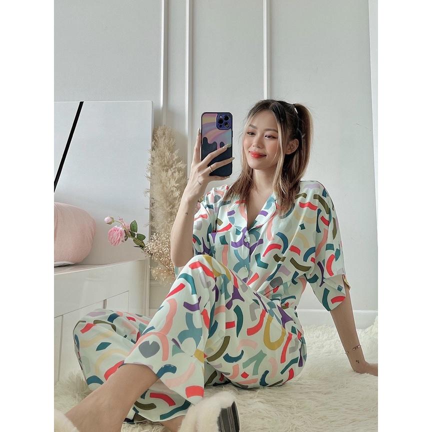 Bộ Lụa Dài Cánh Dơi Họa Tiết Mặc Nhà